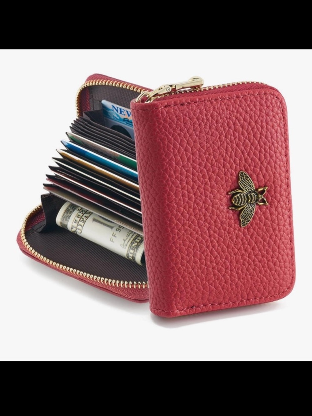 🆕 Compact Red Leather Zip Card Holder with Bee Emblem